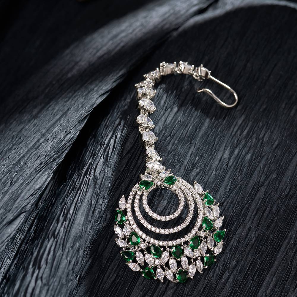 Rose Gold Plated Green Ad Studded Handcrafted Maang Tika : SJMT1222