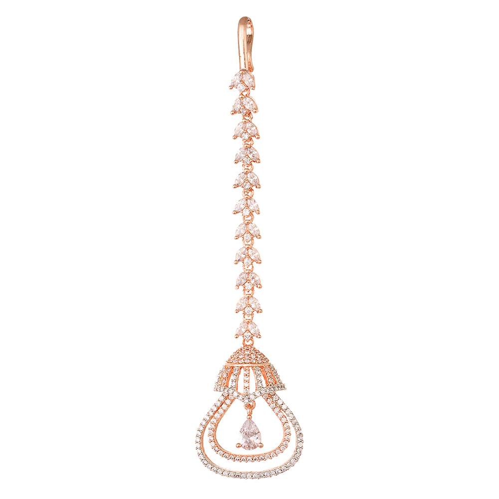 Rose Gold Plated Ad Studded Bell Shaped Handcrafted Maang Tika : SJMT1223