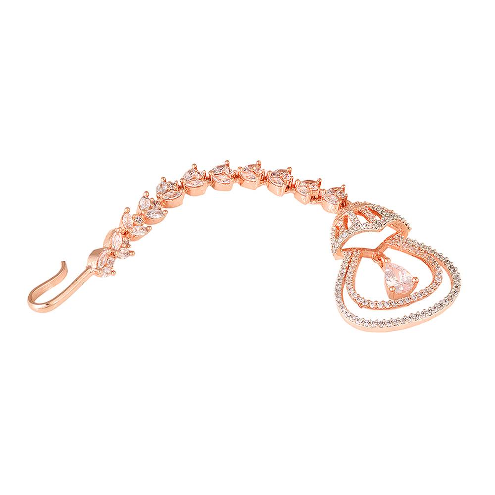 Rose Gold Plated Ad Studded Bell Shaped Handcrafted Maang Tika : SJMT1223