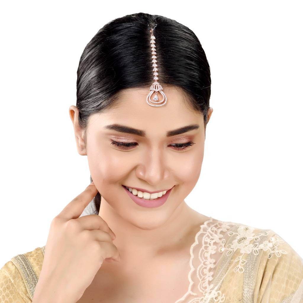 Rose Gold Plated Ad Studded Bell Shaped Handcrafted Maang Tika : SJMT1223