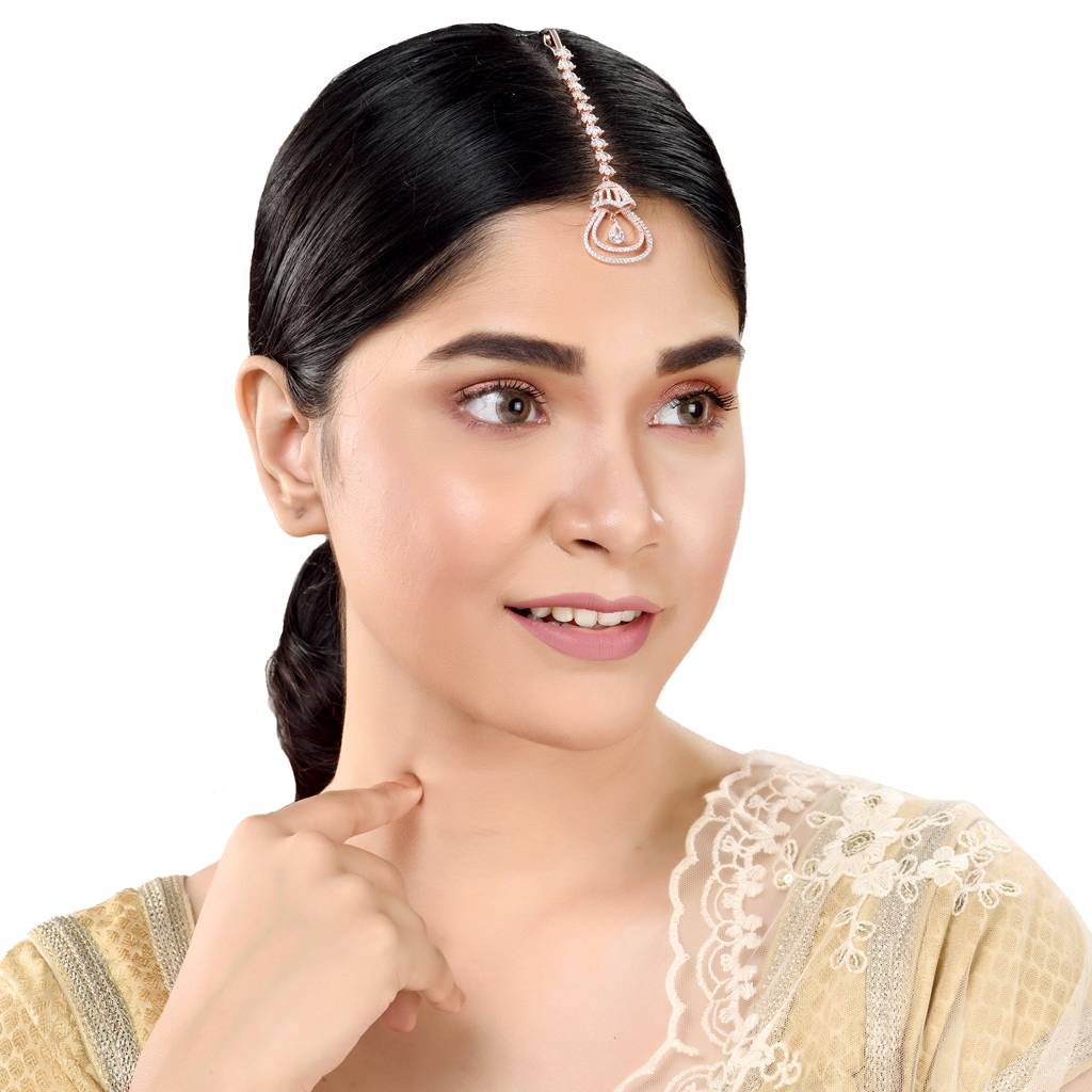 Rose Gold Plated Ad Studded Bell Shaped Handcrafted Maang Tika : SJMT1223
