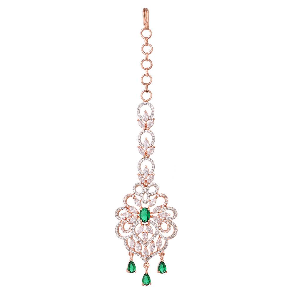 Rose Gold Plated Green Ad Studded Floral Design Handcrafted Maang Tika : SJMT1224