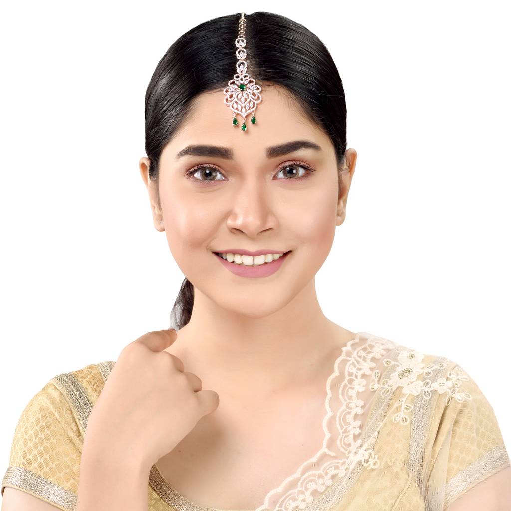 Rose Gold Plated Green Ad Studded Floral Design Handcrafted Maang Tika : SJMT1224