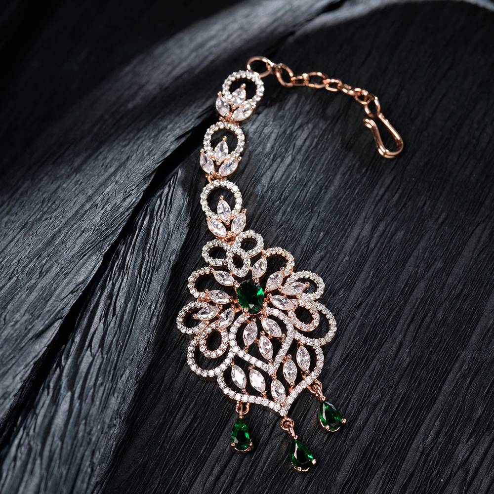 Rose Gold Plated Green Ad Studded Floral Design Handcrafted Maang Tika : SJMT1224