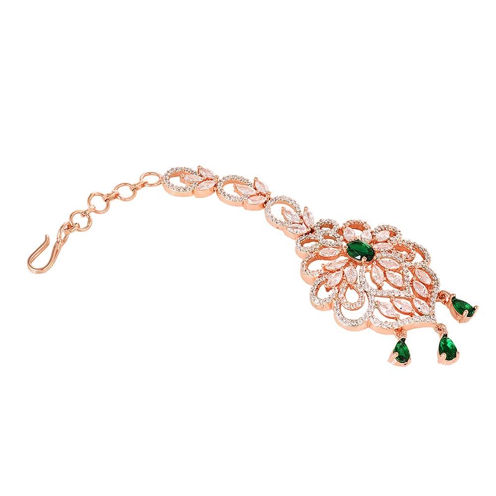 Rose Gold Plated Green Ad Studded Floral Design Handcrafted Maang Tika : SJMT1224