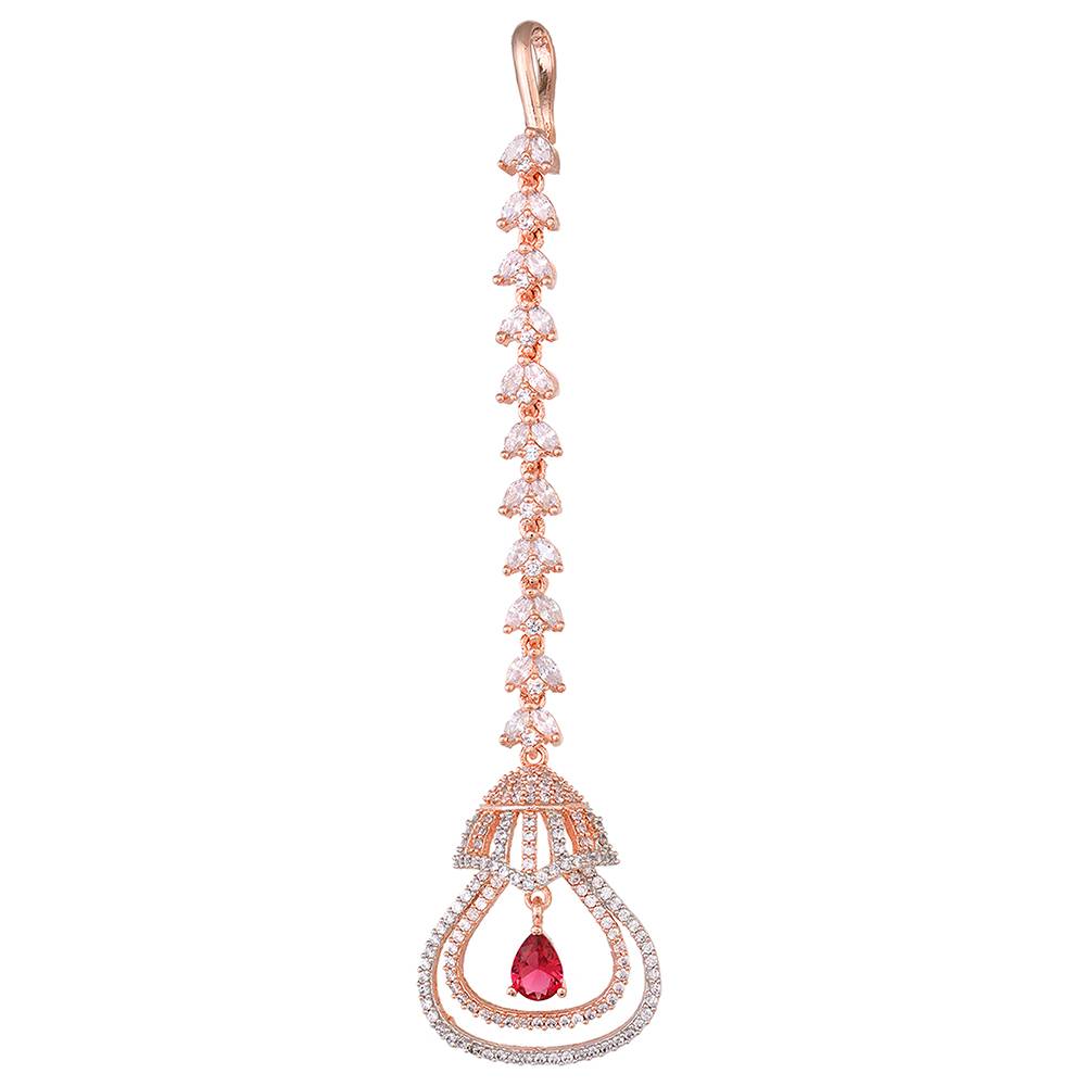 Rose Gold Plated Ruby Ad Studded Bell Shaped Handcrafted Maang Tika : SJMT1225