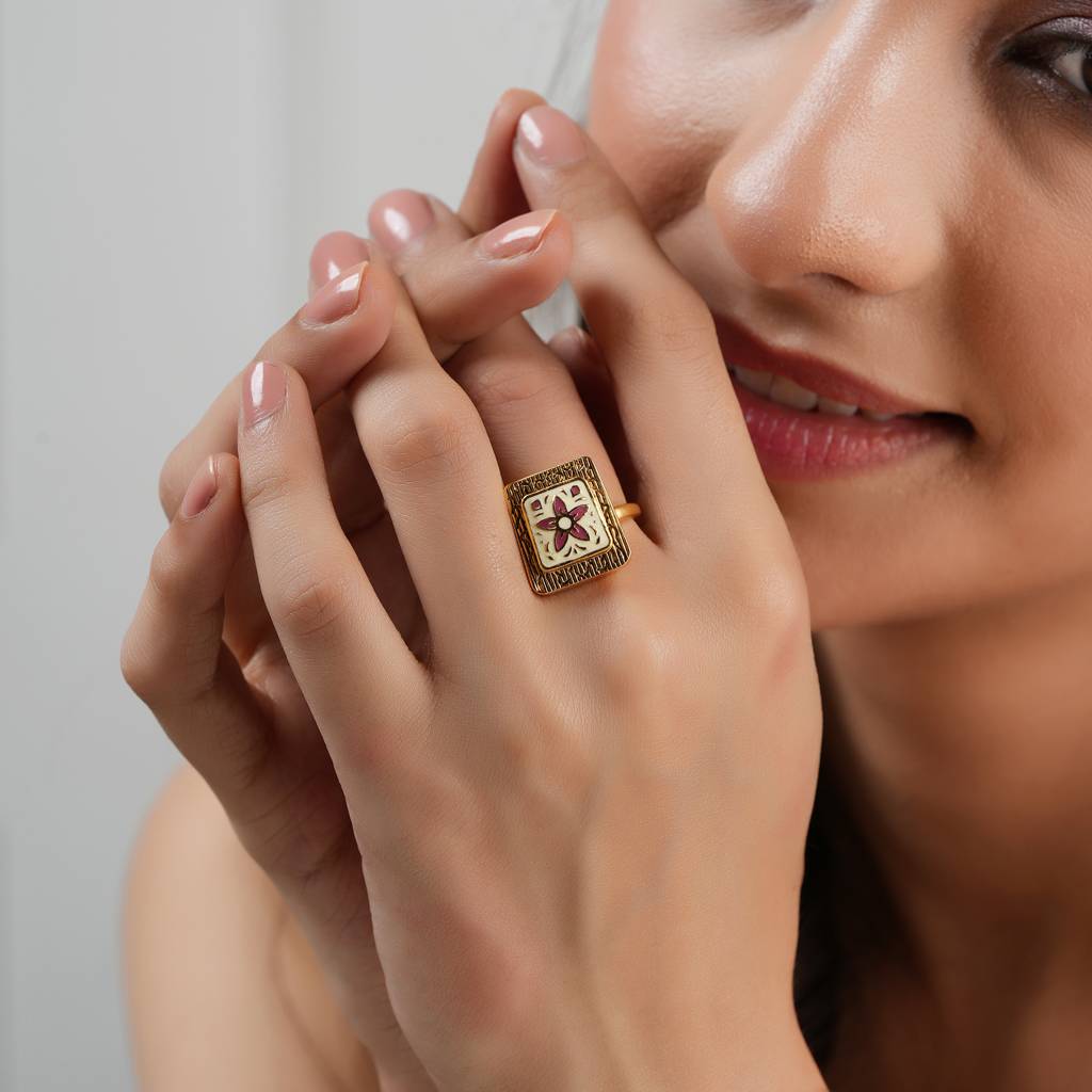 Cute Meenakari Floral Gold Plated Adjustable Finger Ring- Red : SJ161