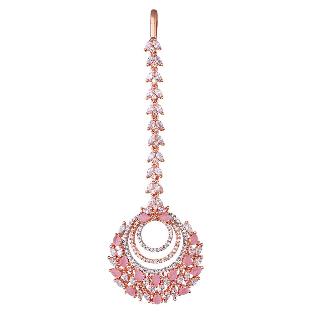 Rose Gold Plated Pink Ad Studded Circular Design Handcrafted Maang Tika : SJMT1228