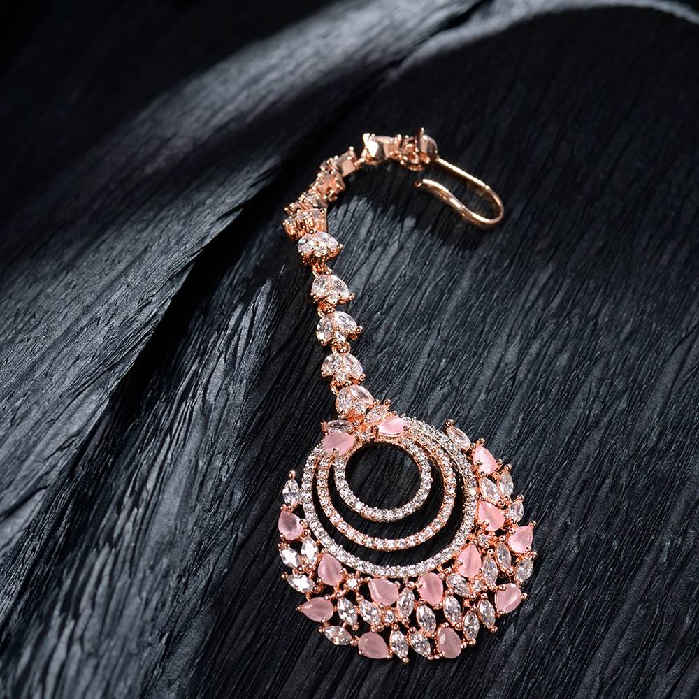 Rose Gold Plated Pink Ad Studded Circular Design Handcrafted Maang Tika : SJMT1228