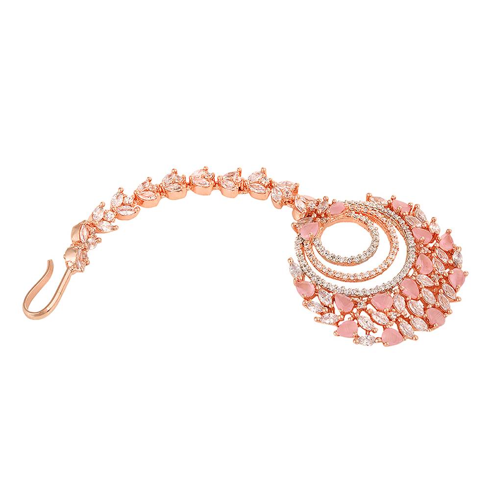 Rose Gold Plated Pink Ad Studded Circular Design Handcrafted Maang Tika : SJMT1228