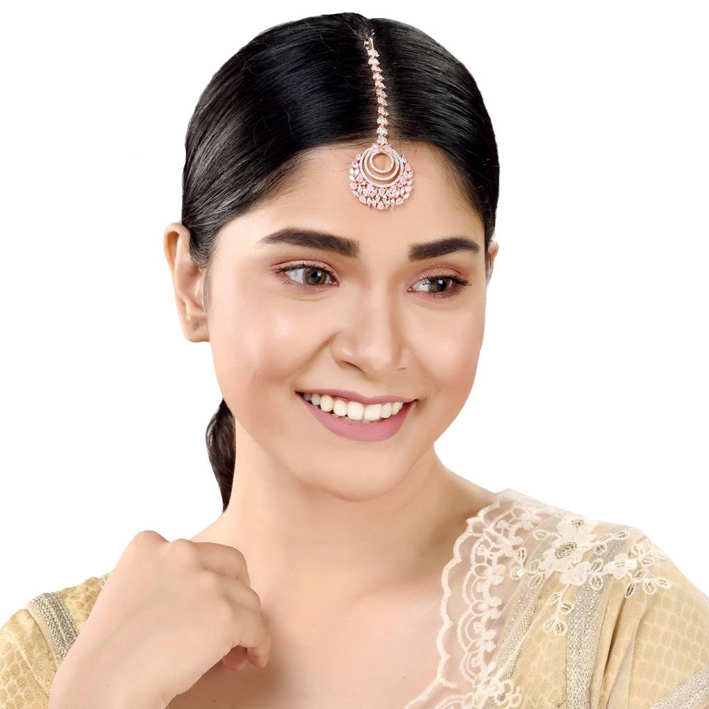 Rose Gold Plated Pink Ad Studded Circular Design Handcrafted Maang Tika : SJMT1228