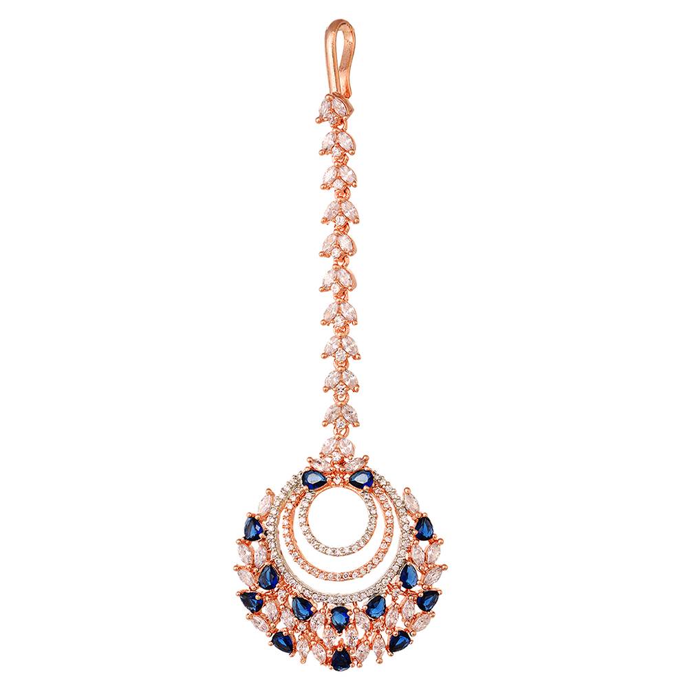 Rose Gold Plated Blue Ad Studded Circular Design Handcrafted Maang Tika : SJMT1229