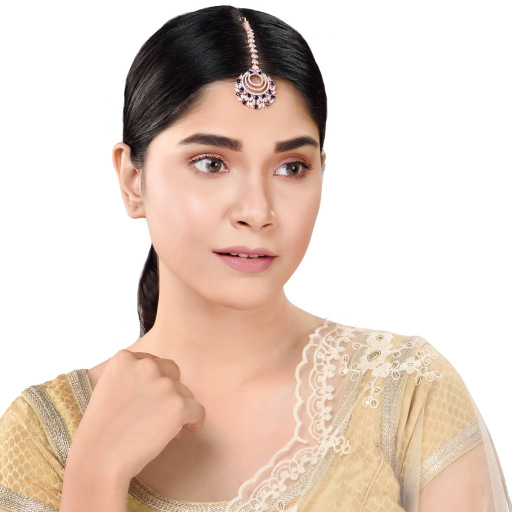 Rose Gold Plated Blue Ad Studded Circular Design Handcrafted Maang Tika : SJMT1229
