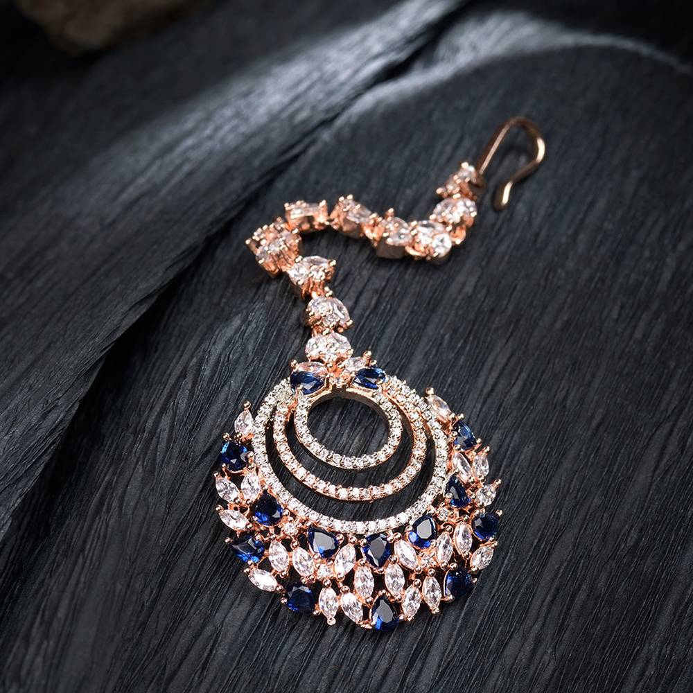 Rose Gold Plated Blue Ad Studded Circular Design Handcrafted Maang Tika : SJMT1229