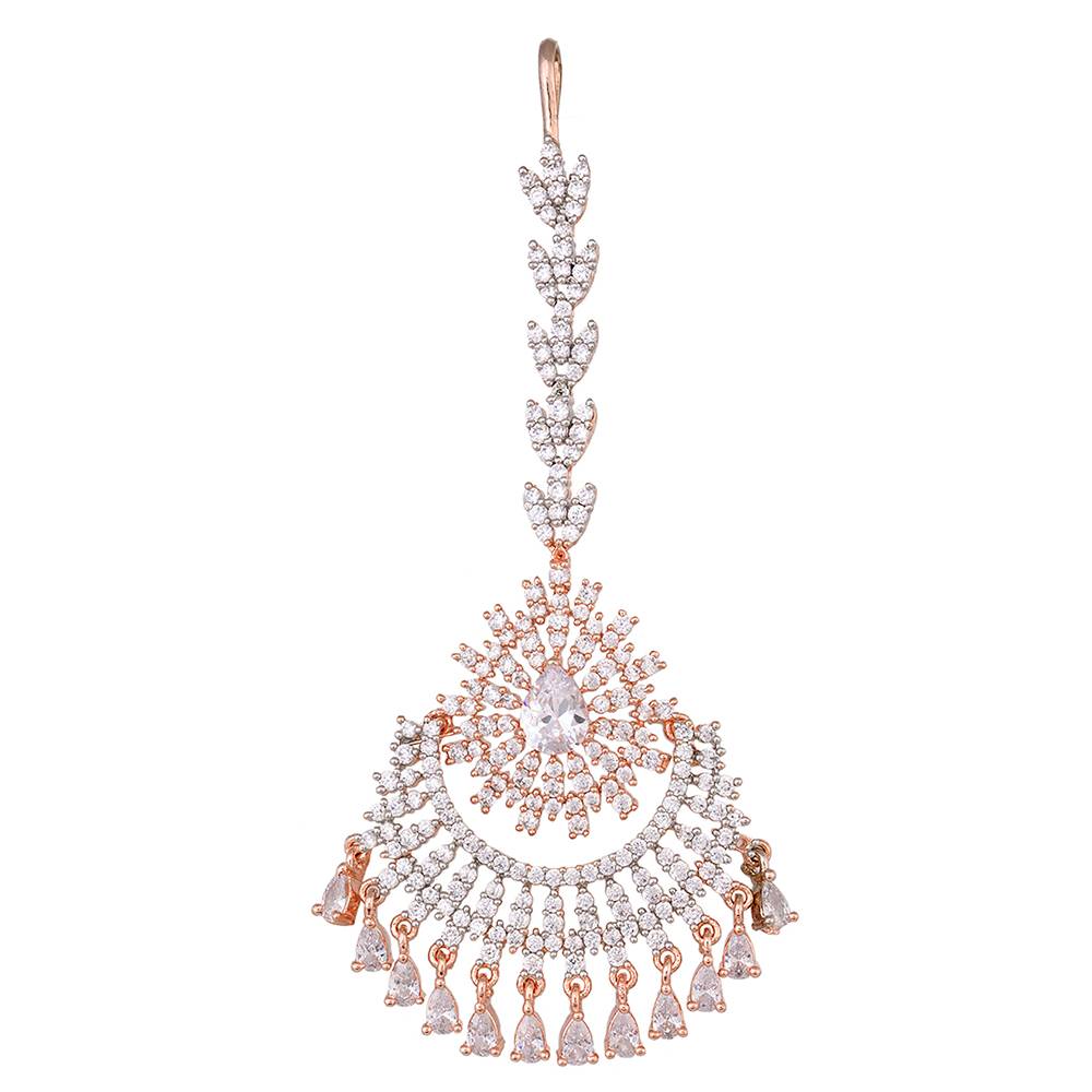 Rose Gold Plated Ad Studded Chandballi Design Handcrafted Maang Tika : SJMT1230
