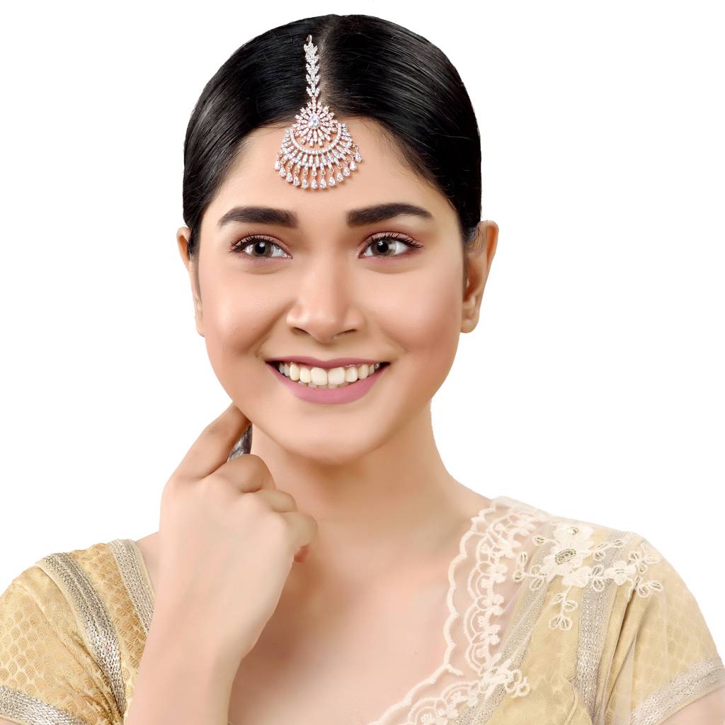 Rose Gold Plated Ad Studded Chandballi Design Handcrafted Maang Tika : SJMT1230