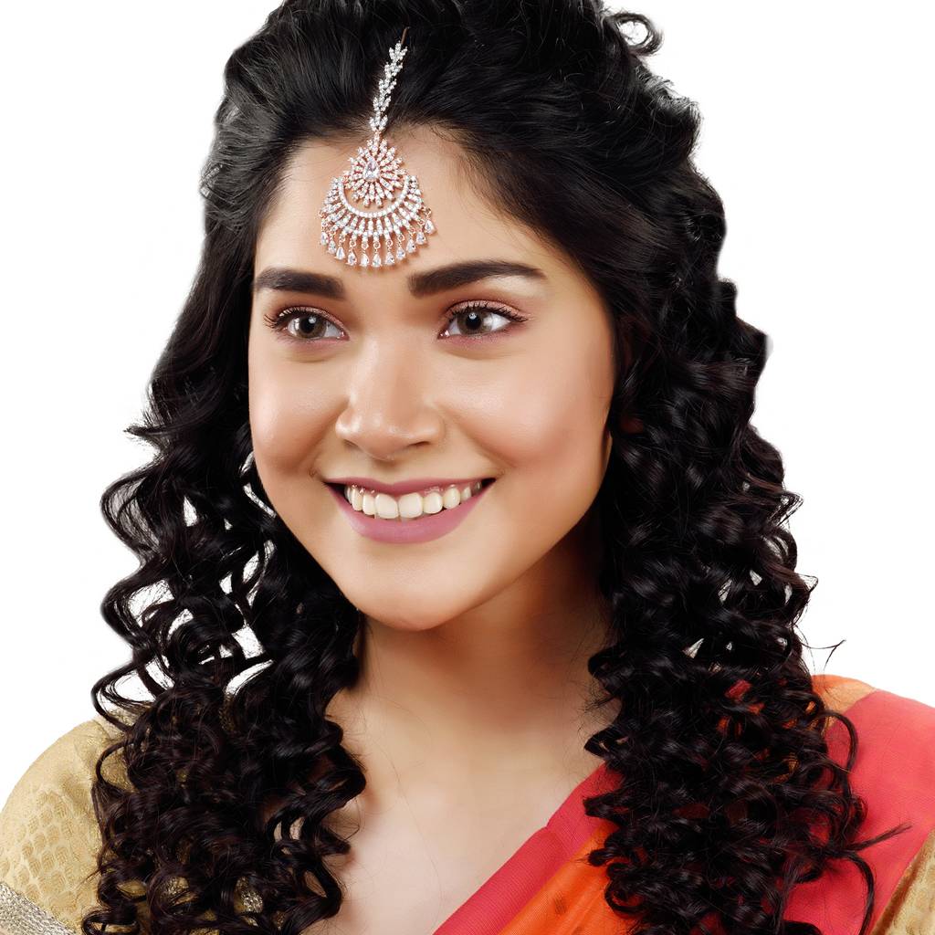Rose Gold Plated Ad Studded Chandballi Design Handcrafted Maang Tika : SJMT1230