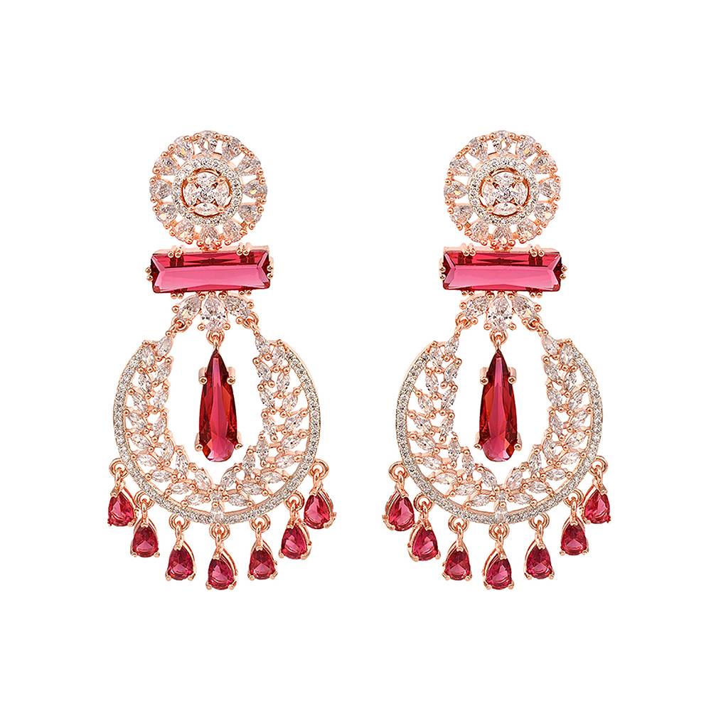 Rose Gold Plated, Ruby Ad Studded Drop Earrings : SJER1231