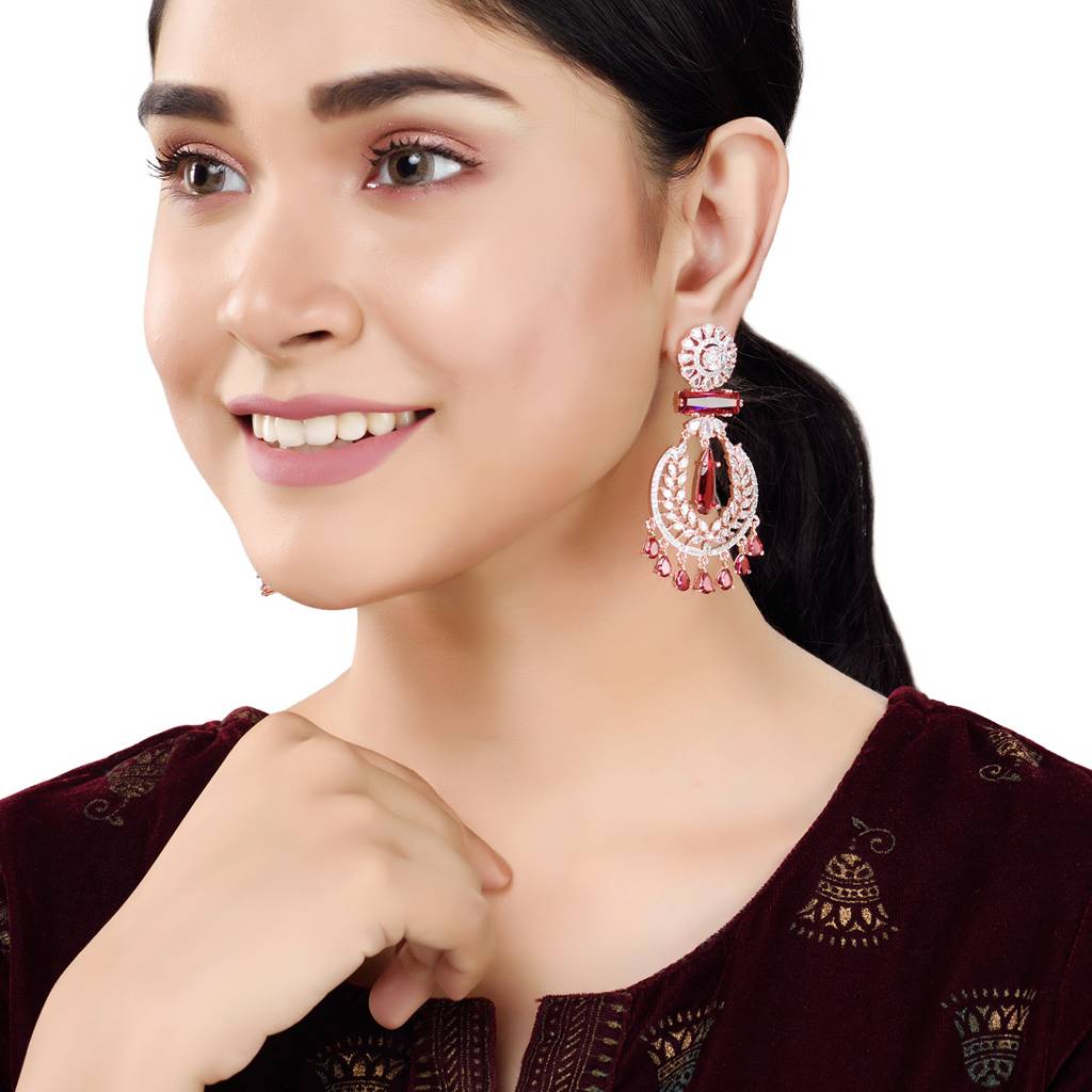 Rose Gold Plated, Ruby Ad Studded Drop Earrings : SJER1231