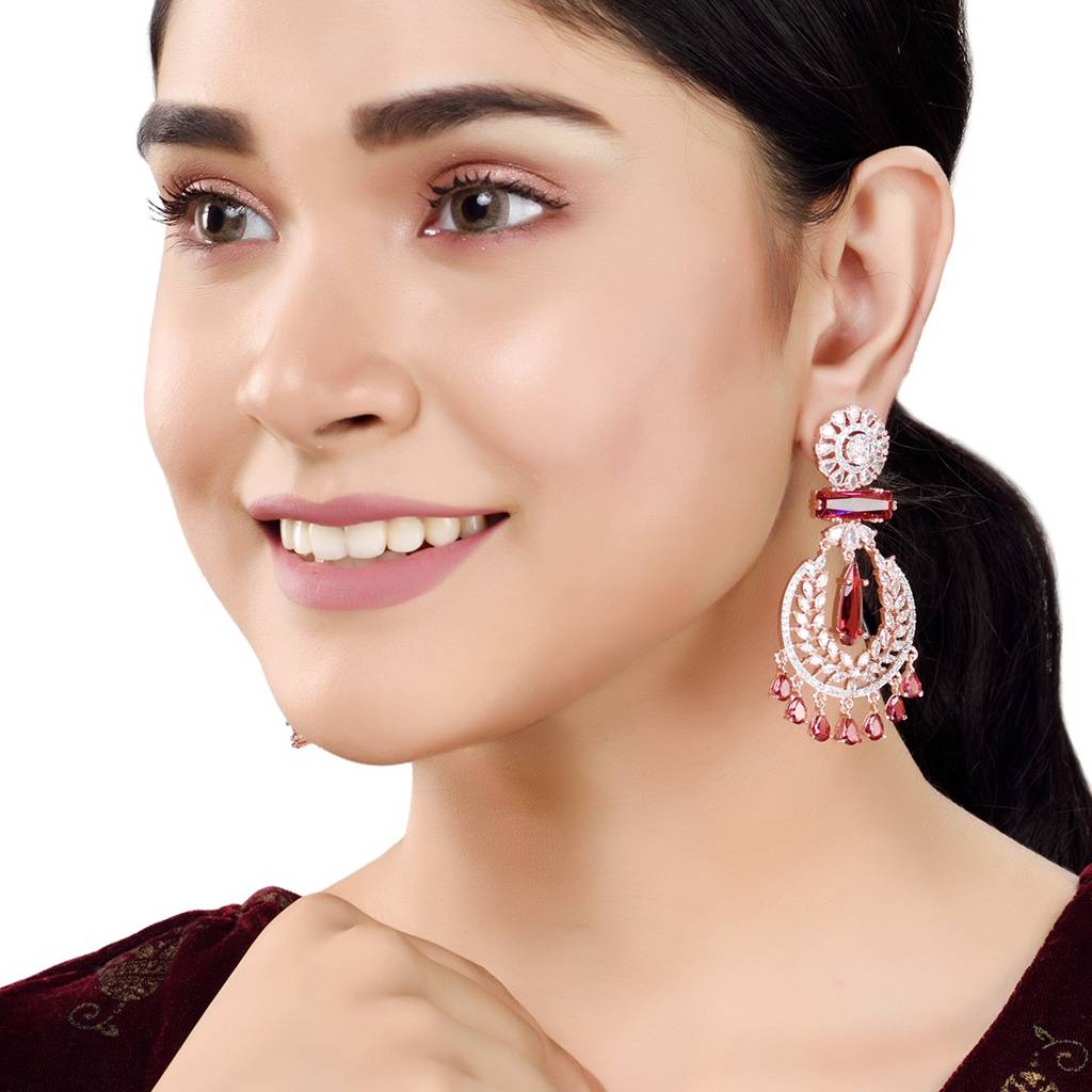Rose Gold Plated, Ruby Ad Studded Drop Earrings : SJER1231