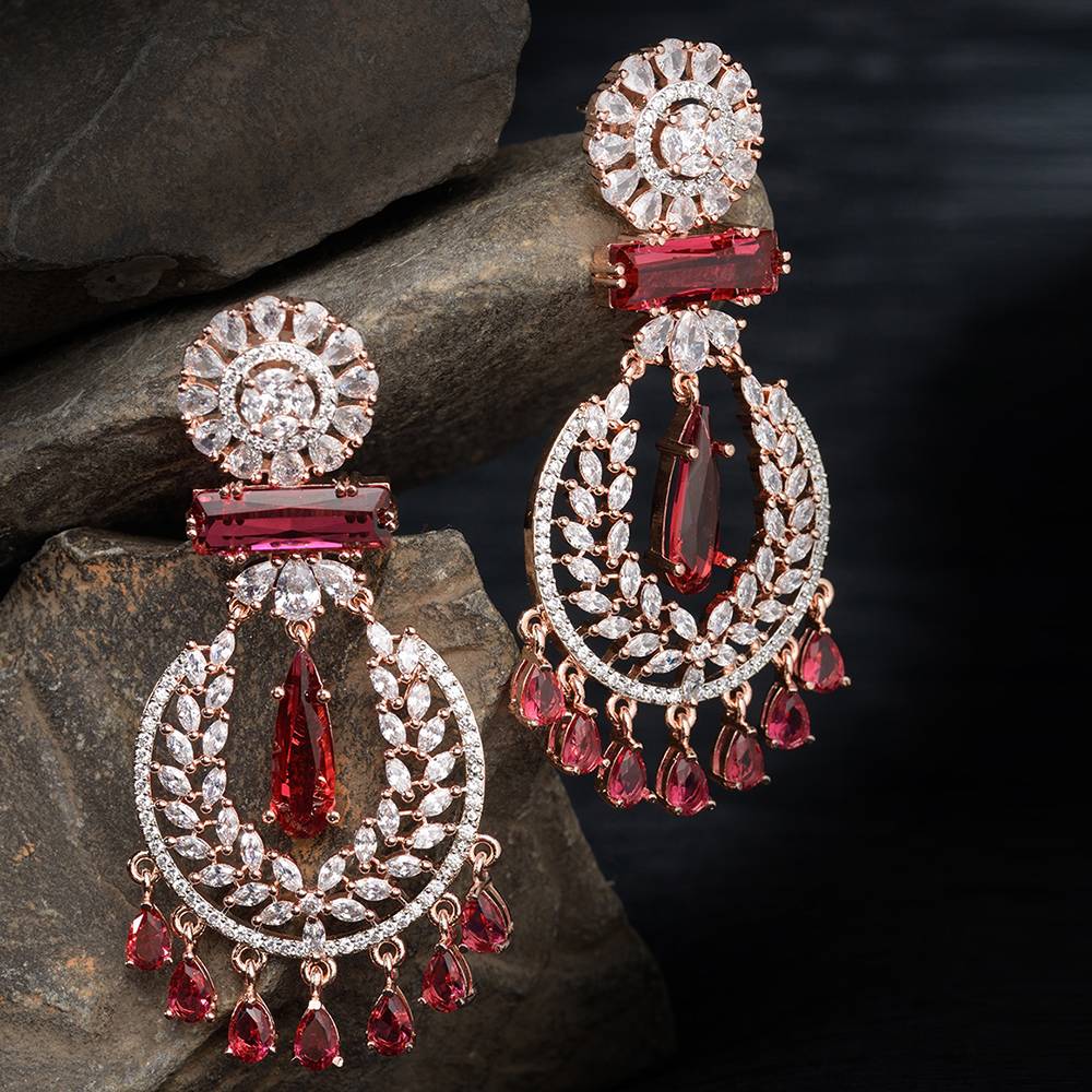 Rose Gold Plated, Ruby Ad Studded Drop Earrings : SJER1231