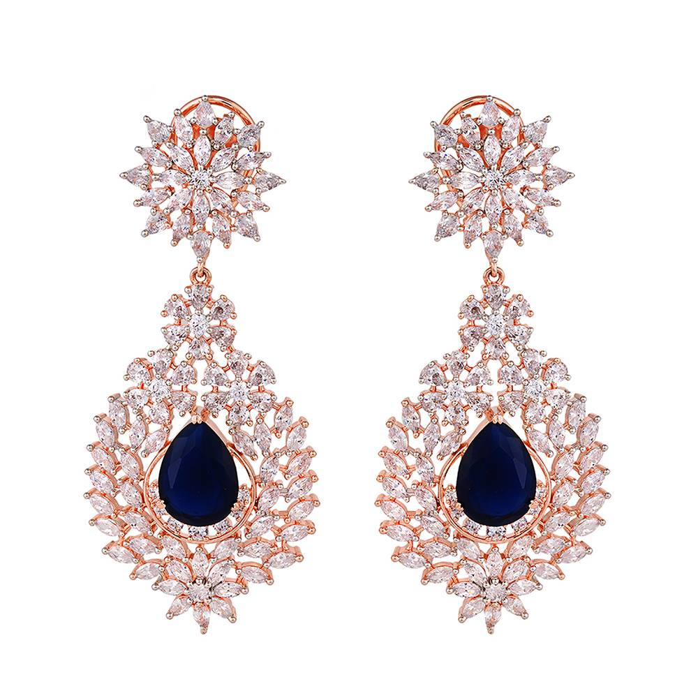 Rose Gold Plated, Blue Ad Studded Drop Earrings : SJER1232