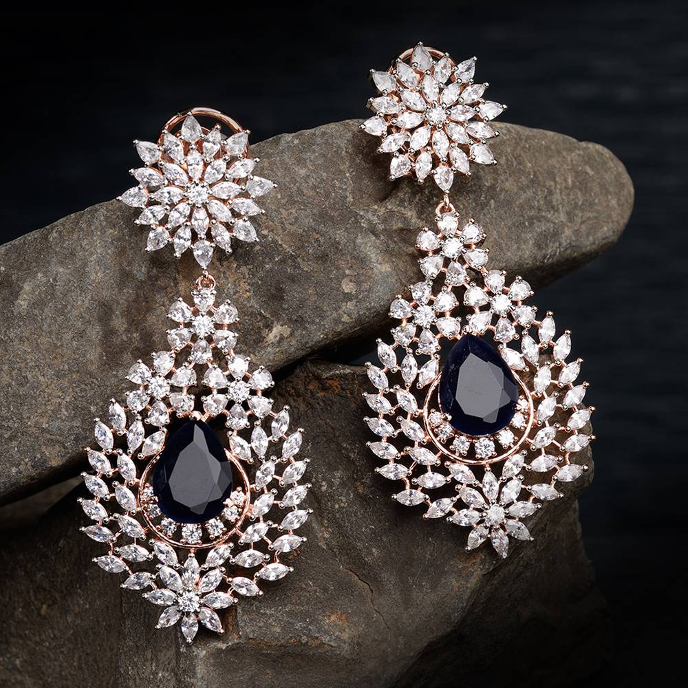 Rose Gold Plated, Blue Ad Studded Drop Earrings : SJER1232