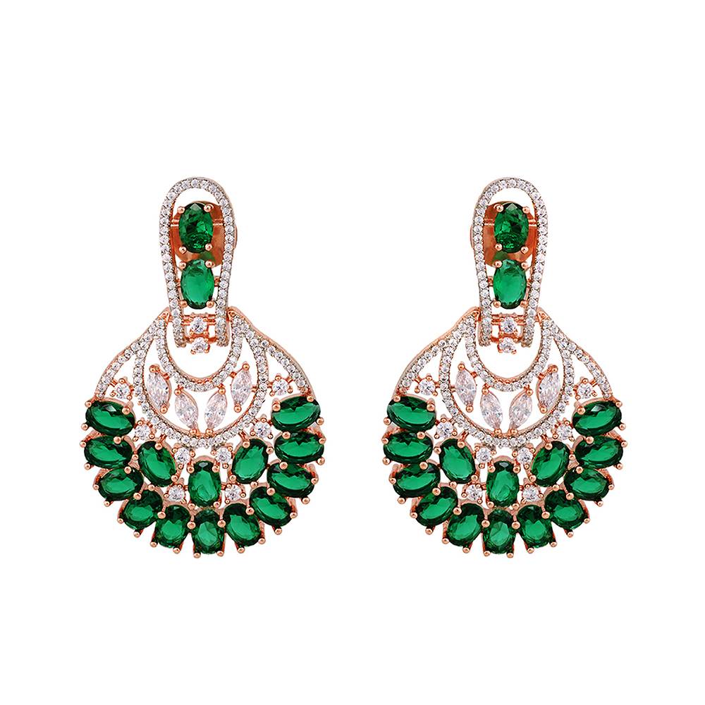 Rose Gold Plated Emerald Ad Studded Floral Design Earrings : SJER1233