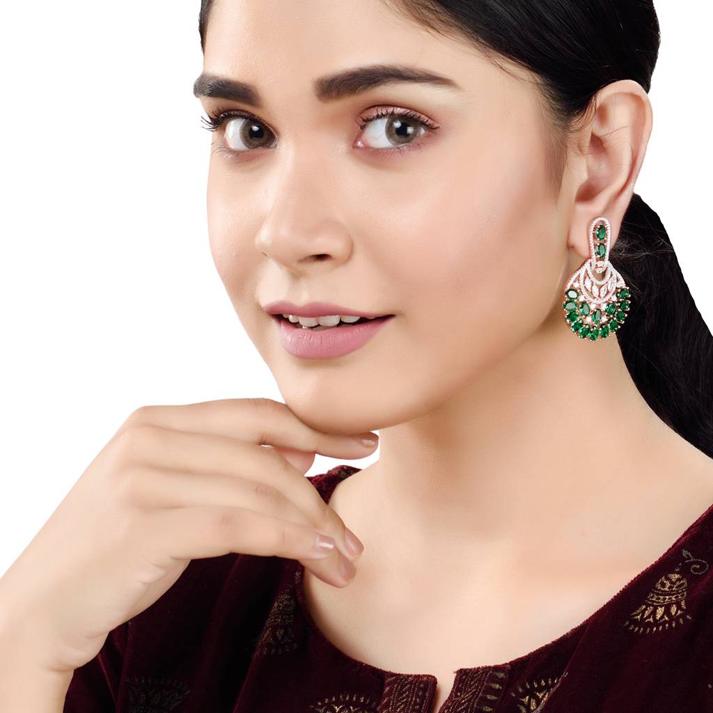 Rose Gold Plated Emerald Ad Studded Floral Design Earrings : SJER1233