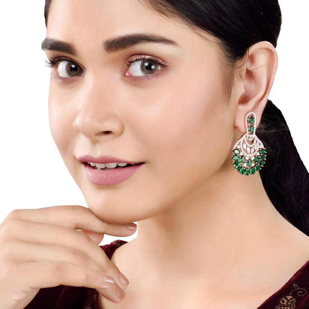Rose Gold Plated Emerald Ad Studded Floral Design Earrings : SJER1233