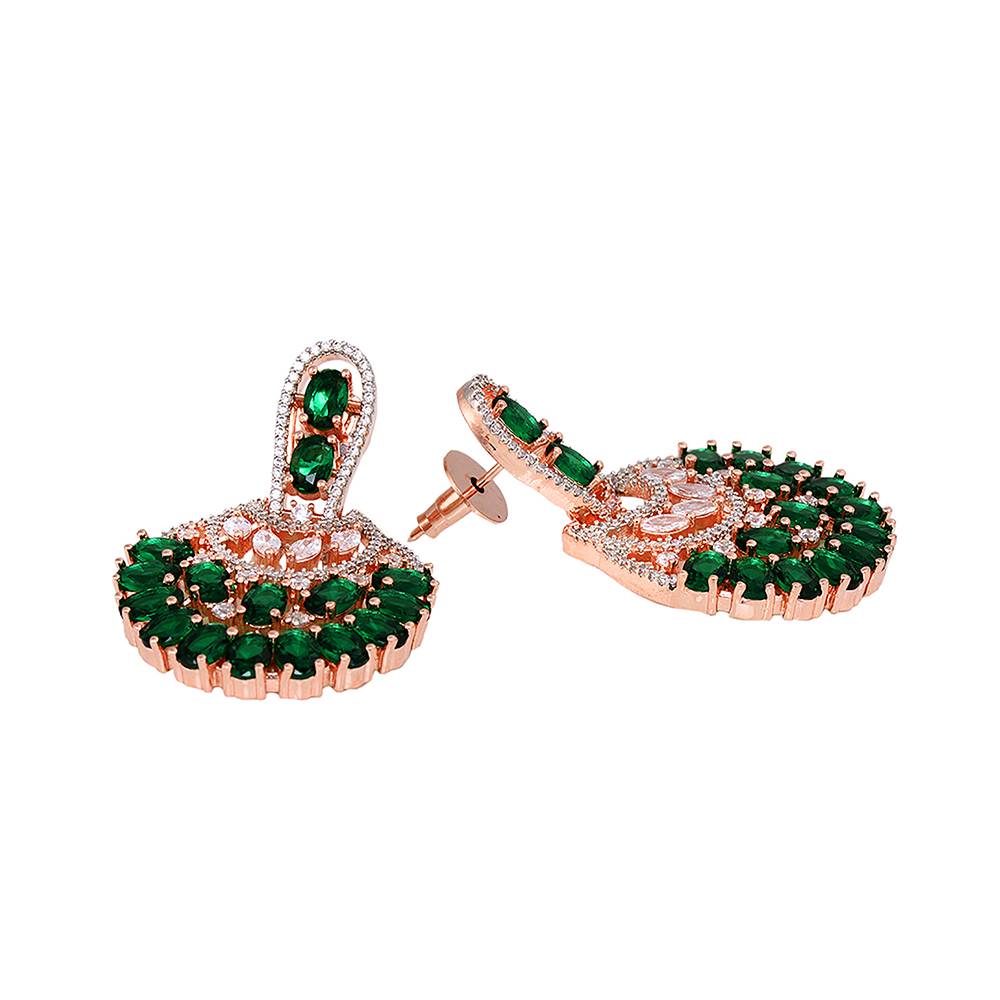 Rose Gold Plated Emerald Ad Studded Floral Design Earrings : SJER1233