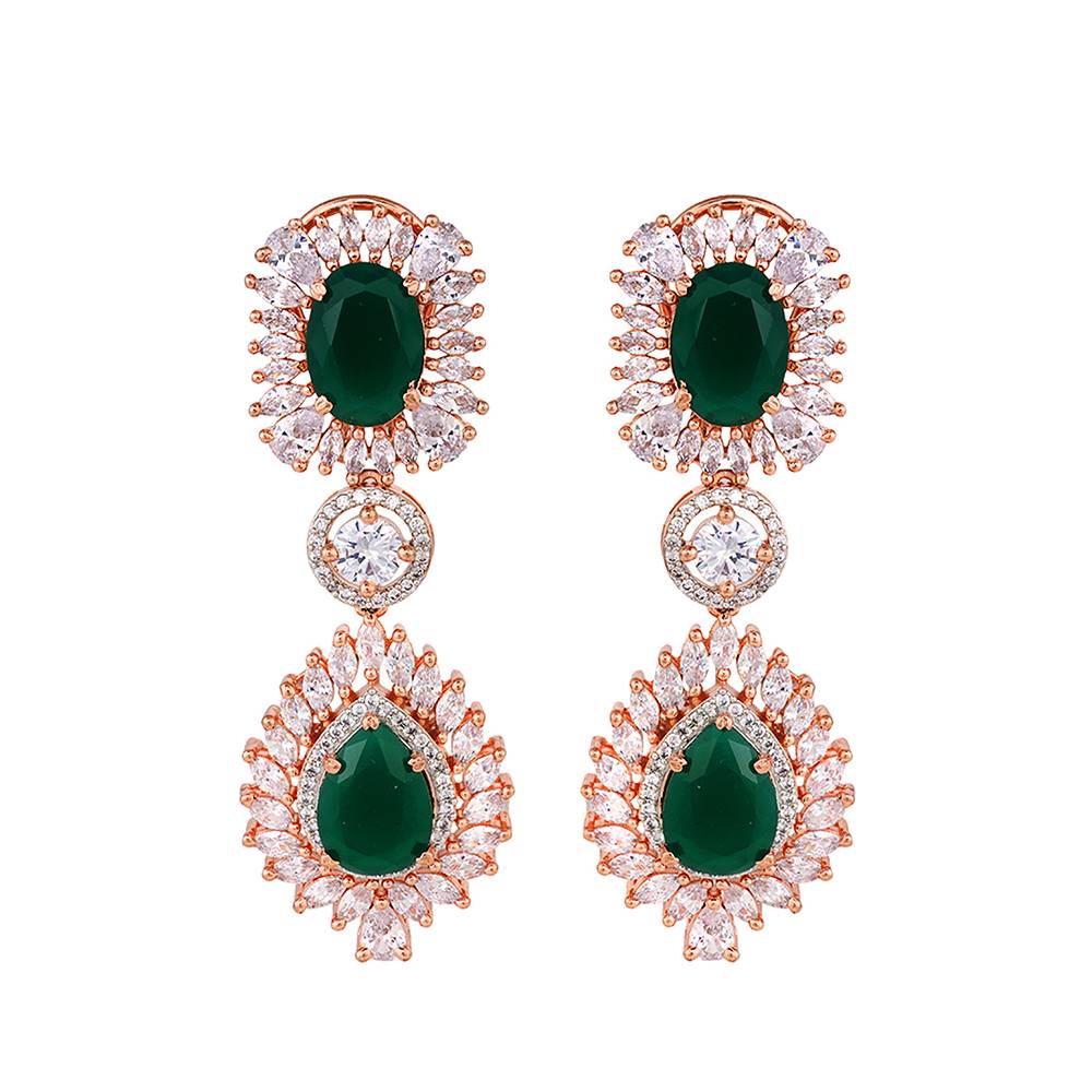 Rose Gold Plated- Blue Ad Studded Drop Earrings : SJER1234