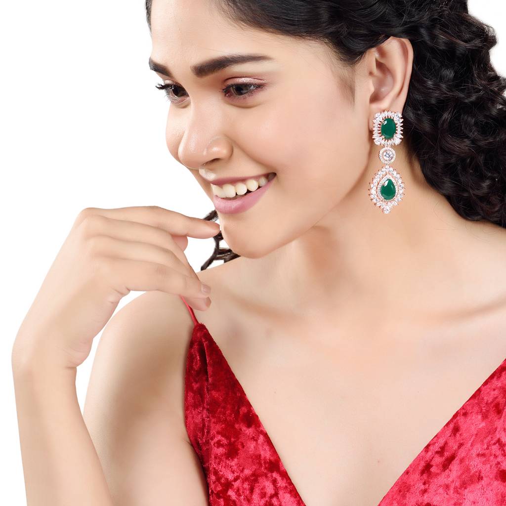 Rose Gold Plated- Blue Ad Studded Drop Earrings : SJER1234