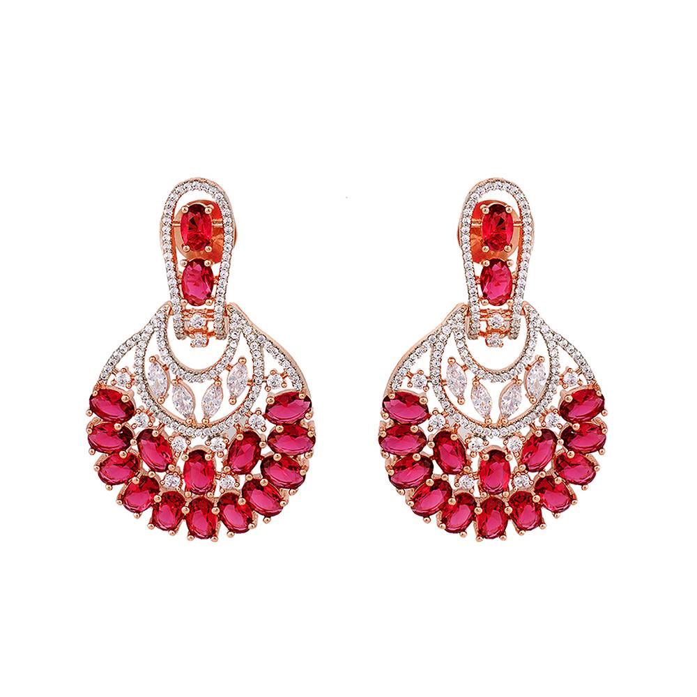 Rose Gold Plated Ruby Ad Studded Floral Design Earrings : SJER1236