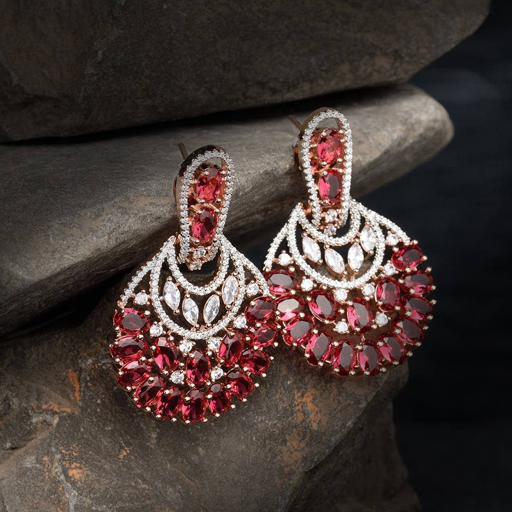 Rose Gold Plated Ruby Ad Studded Floral Design Earrings : SJER1236