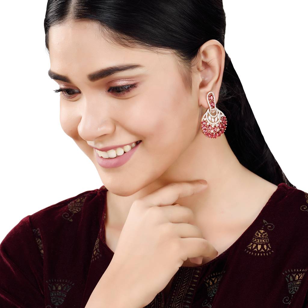 Rose Gold Plated Ruby Ad Studded Floral Design Earrings : SJER1236