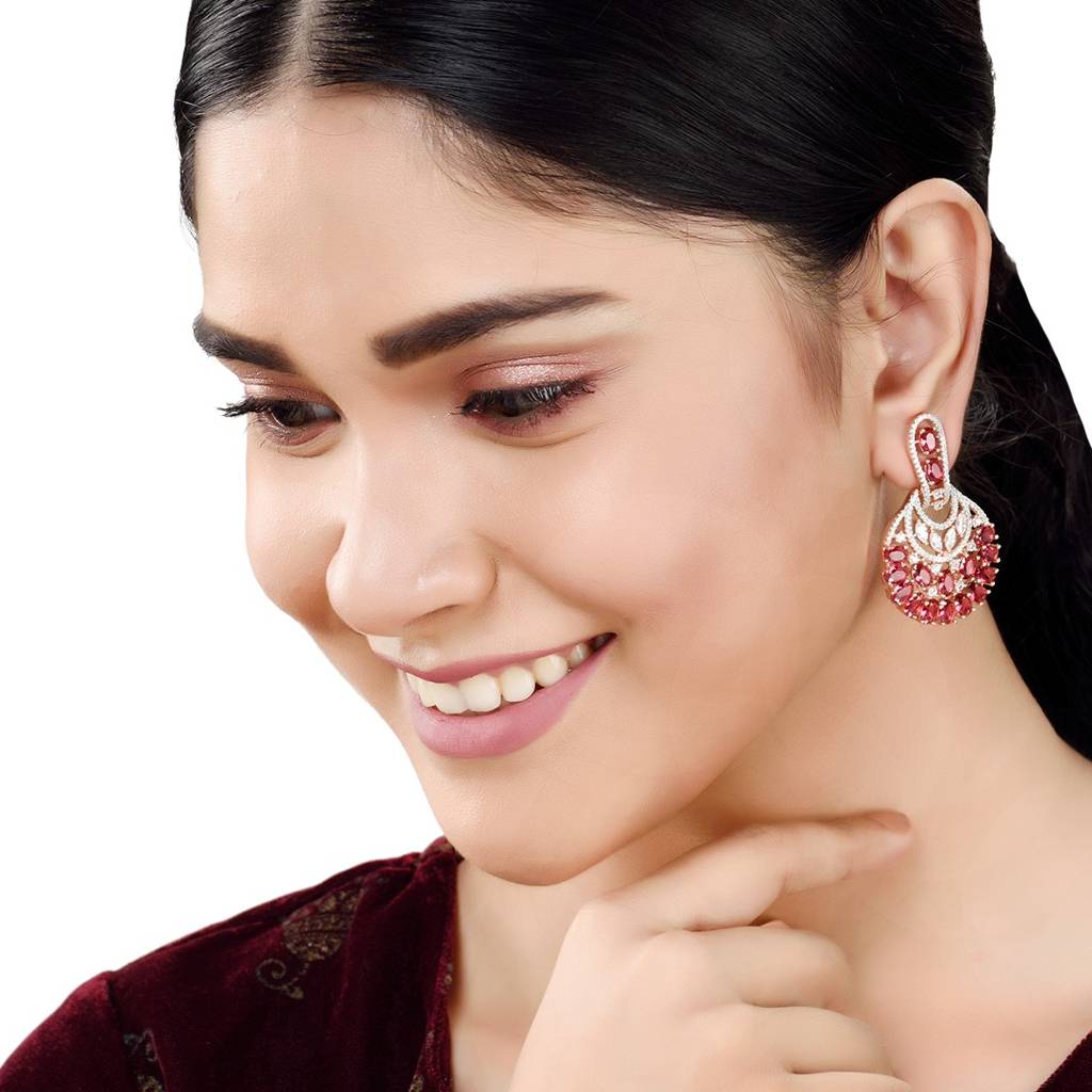 Rose Gold Plated Ruby Ad Studded Floral Design Earrings : SJER1236