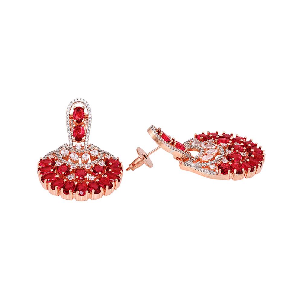 Rose Gold Plated Ruby Ad Studded Floral Design Earrings : SJER1236