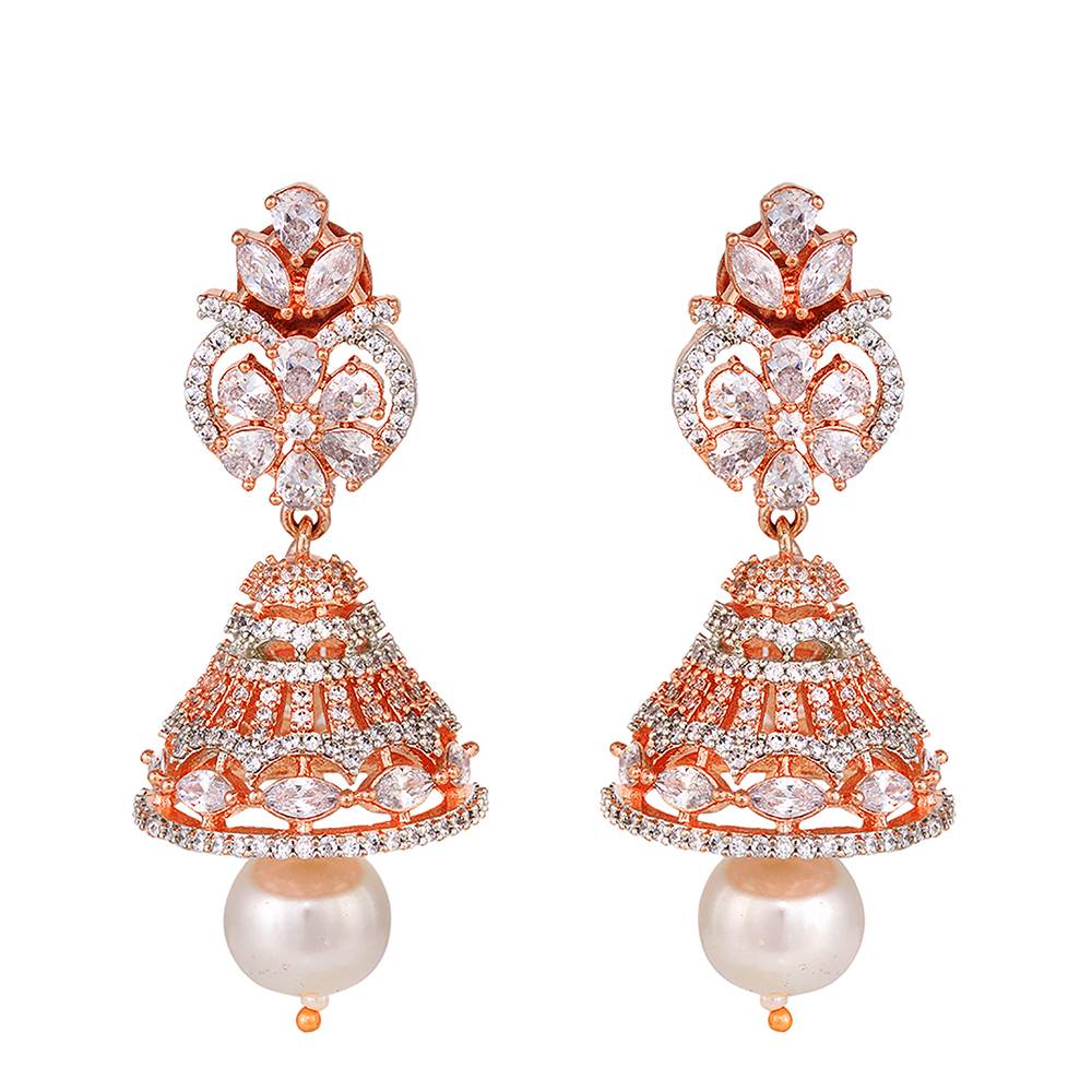 Rose Gold Plated Ad Studded Bell Shaped Hanfcrafted Jhumka Earring : SJER1237