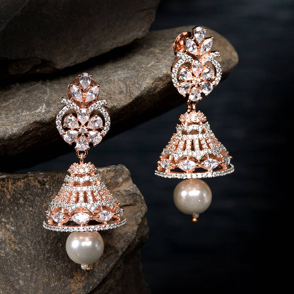 Rose Gold Plated Ad Studded Bell Shaped Hanfcrafted Jhumka Earring : SJER1237