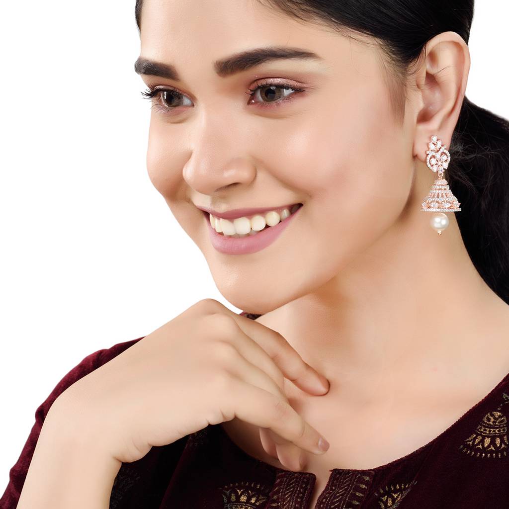 Rose Gold Plated Ad Studded Bell Shaped Hanfcrafted Jhumka Earring : SJER1237