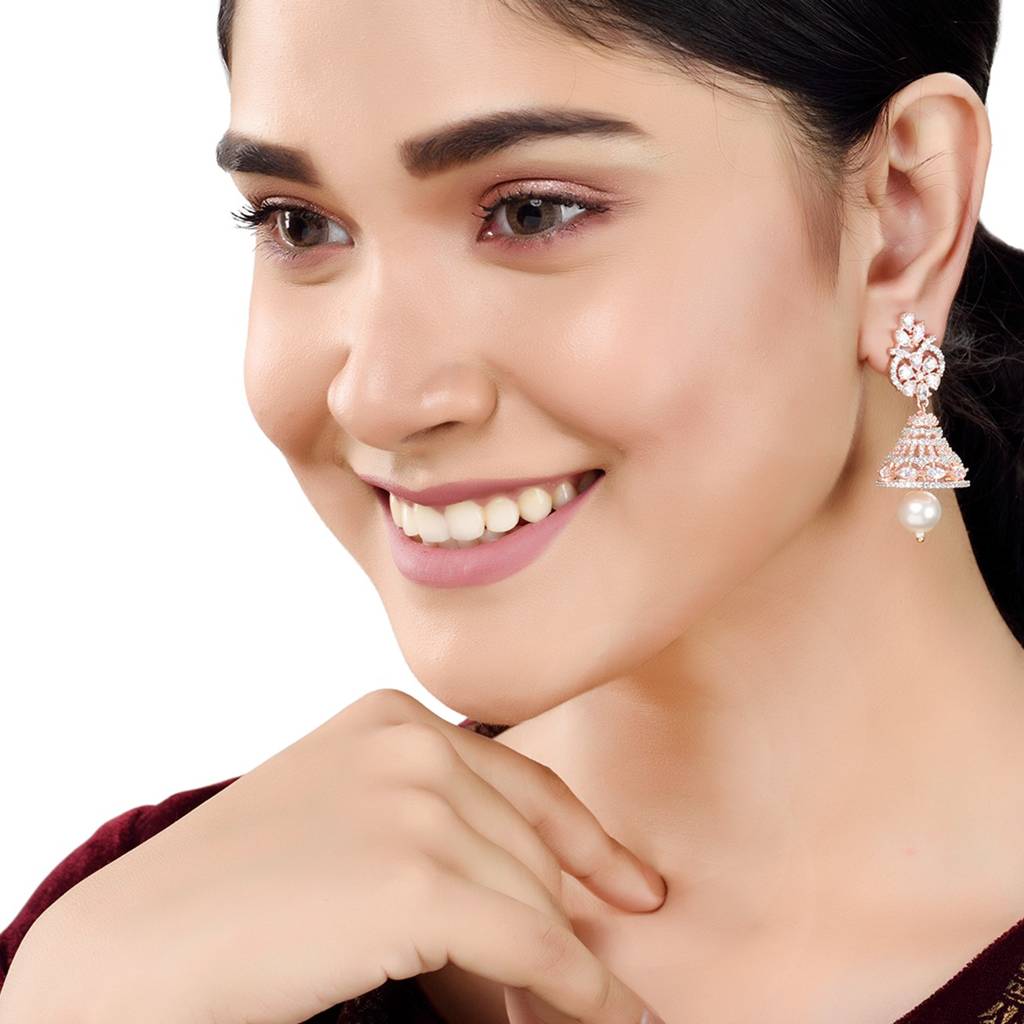 Rose Gold Plated Ad Studded Bell Shaped Hanfcrafted Jhumka Earring : SJER1237