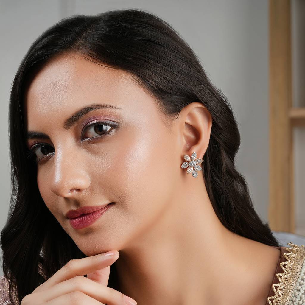 Gorgeous Gold Plated Cz Diamond Floral Stud Earring : SJ127