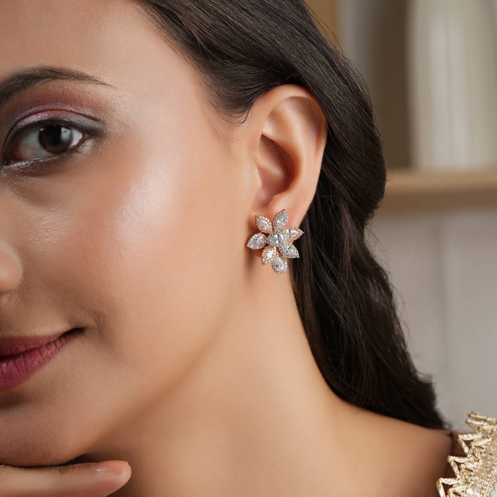 Gorgeous Gold Plated Cz Diamond Floral Stud Earring : SJ127