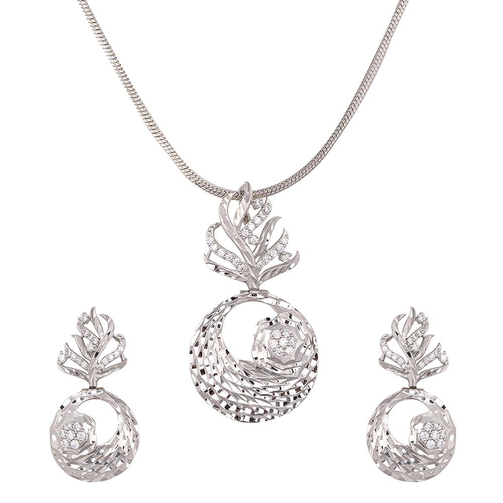 White Rhodium Plated Ad Studded Round Pendant Earrings Set With Chain : SJLK1240