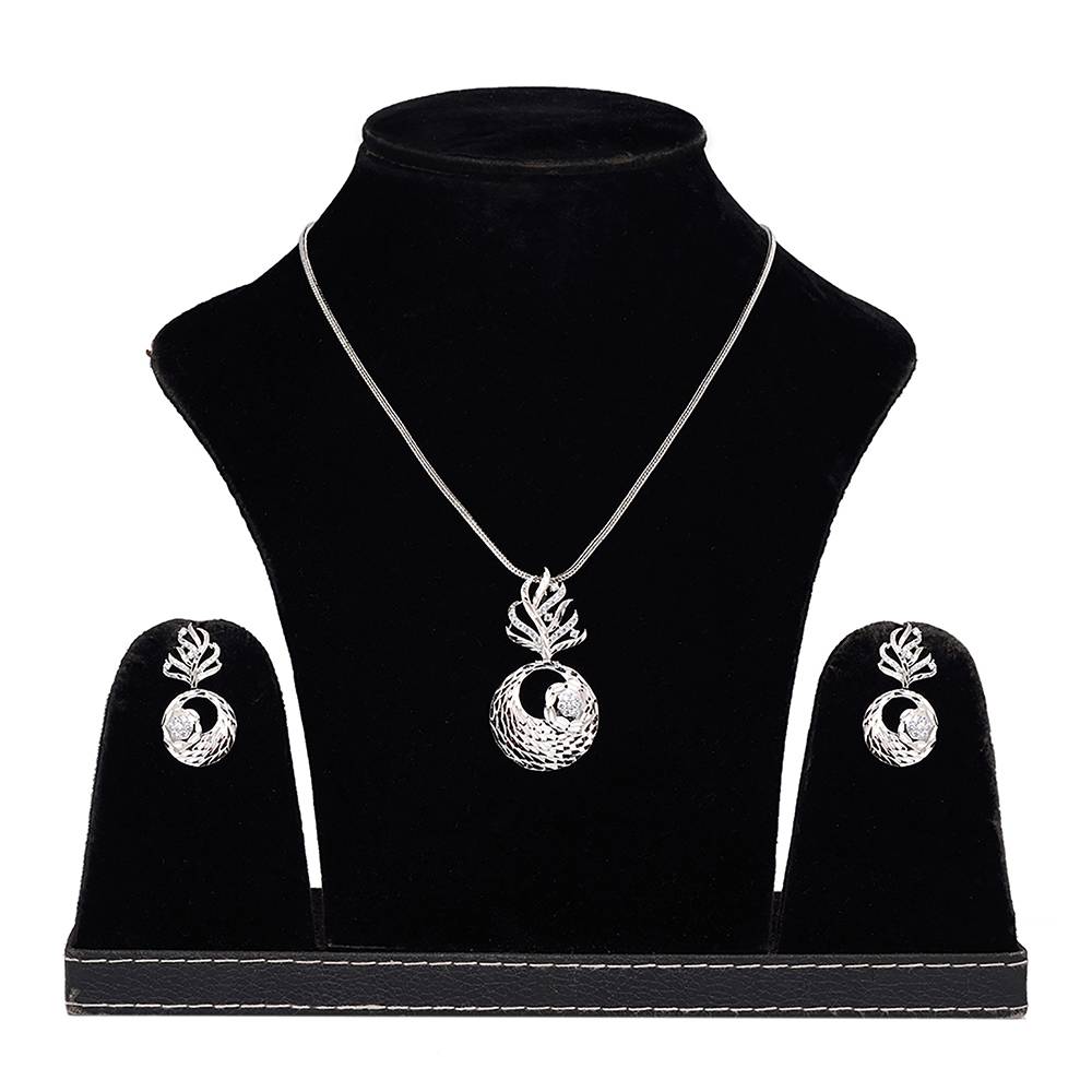 White Rhodium Plated Ad Studded Round Pendant Earrings Set With Chain : SJLK1240
