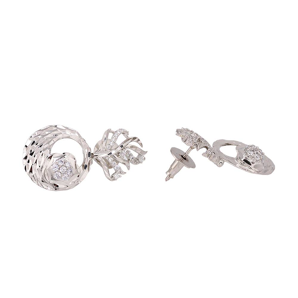 White Rhodium Plated Ad Studded Round Pendant Earrings Set With Chain : SJLK1240