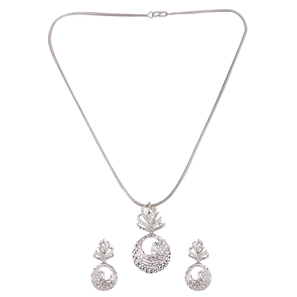 White Rhodium Plated Ad Studded Round Pendant Earrings Set With Chain : SJLK1240