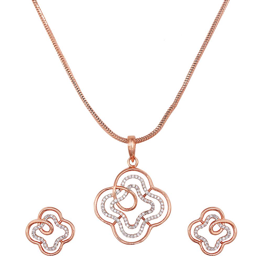 Rose Gold Plated Ad Studded Floral Design Pendant Earrings Set With Chain : SJLK1241