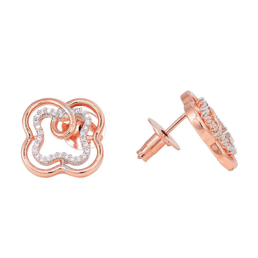 Rose Gold Plated Ad Studded Floral Design Pendant Earrings Set With Chain : SJLK1241